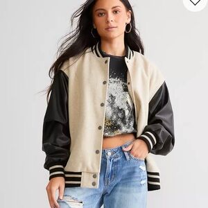Gilded Intent Two-Tone Varsity Jacket - Cream & Black